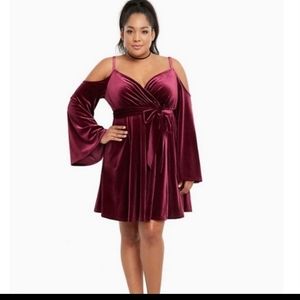 Purple velvet cold shoulder bell sleeve dress